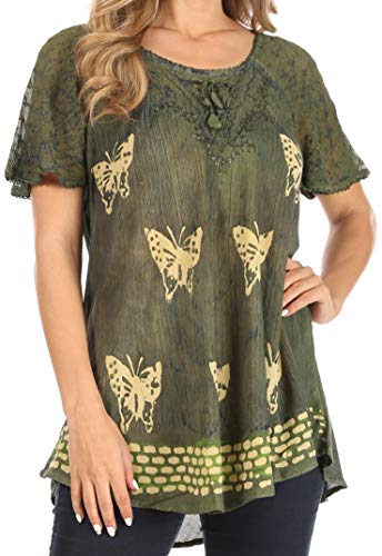 Sakkas TS-2209 - Petra Damen Casual Loose Flared Korsett Kurzarm Spitze Bluse Top Tunika - 2207-Grün - OS Sakkas TS-2209 - Petra Damen Casual Loose Flared Korsett Kurzarm Spitze Bluse Top Tunika - 2207-Grün - OS von Sakkas
