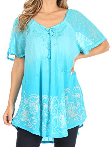 Sakkas TS-2209 - Petra Damen Casual Loose Flared Korsett Kurzarm Spitze Bluse Top Tunika - 2211-Turq - OS Sakkas TS-2209 - Petra Damen Casual Loose Flared Korsett Kurzarm Spitze Bluse Top Tunika - 2211-Turq - OS von Sakkas