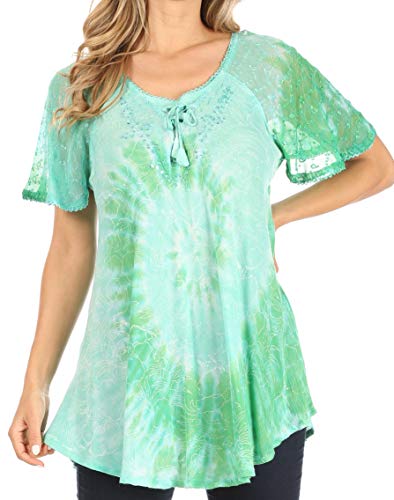 Sakkas TS-2209 - Petra Damen Casual Loose Flared Korsett Kurzarm Spitze Bluse Top Tunika - Seagreen - OSP Sakkas TS-2209 - Petra Damen Casual Loose Flared Korsett Kurzarm Spitze Bluse Top Tunika - Seagreen - OSP von Sakkas