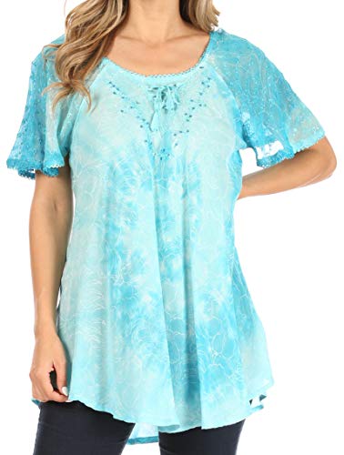 Sakkas TS-2209 - Petra Damen Casual Loose Flared Korsett Kurzarm Spitze Bluse Top Tunika - Turq - OSP Sakkas TS-2209 - Petra Damen Casual Loose Flared Korsett Kurzarm Spitze Bluse Top Tunika - Turq - OSP von Sakkas