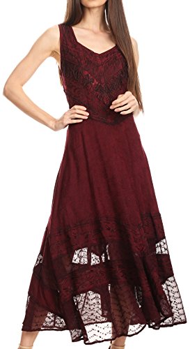 Sakkas Zendaya Stonewashed Rayon Embroiderot Floral Vine Ärmelless V-Neck Kleid - Burgandy - L/XL von Sakkas