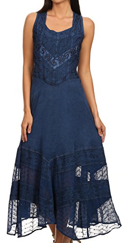 Sakkas Zendaya Stonewashed Rayon Embroiderot Floral Vine Ärmelless V-Neck Kleid - Marine - 1X/2X von Sakkas