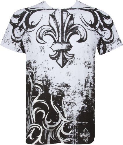 TGBranchesFleur227 Fleur De Lis Baum Zweige Metallic Silber Präge Kurze Ärmel Crew Hals Baumwolle Herren Mode T-Shirt - Weiß/Klein von Sakkas