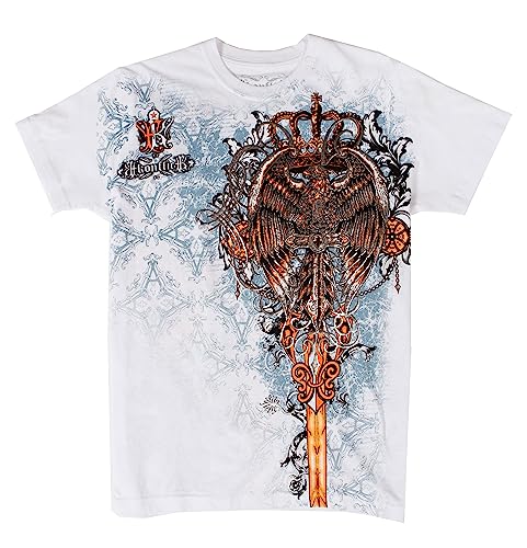 TGEaglePerch745 Eagle Thront auf einem Schwert Metallic Silber prägeartig Kurzarm Besatzung Baumwolle Mens Fashion T-Shirt - Weiß/Medium von Sakkas