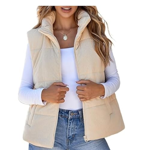 Saklifuo Damen Cord Puffer Weste Cropped Stehkragen Ärmellos Jacken Weste Steppweste Reißverschluss Weste 2024, beige, M von Saklifuo