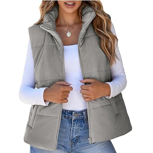 Saklifuo Damen Cord Puffer Weste Cropped Stehkragen Ärmellos Jacken Weste Steppweste Reißverschluss Weste 2024, grau, M von Saklifuo