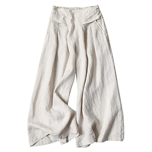 Saklifuo Damen Palazzohose mit weitem Bein, Leinen, elastische Taille, kurze Hose, Culottes, beige, XL von Saklifuo