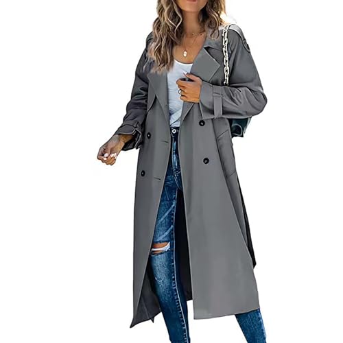 Saklifuo Damen Solide Windbreaker Slim Fit Trenchcoat Lange Jacke Oberbekleidung mit Gürtel Knopf, Stil 2# Grau, 36 von Saklifuo