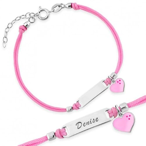 Armband Silber 925 Mädchen Kordel Rosa Kordel und Herz Emailliert Rosa Visitenkarte Kids Collection + Personalisierte Geschenkbox - Geburtsarmband Kommunion oder Taufe von Sakrami