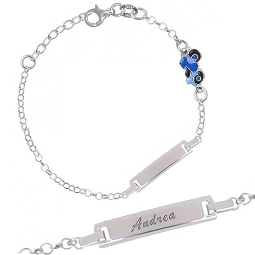 Armband aus 925er Silber für Kind + Personalisierbares Plättchen + Emailliertes Motorrad + Armband Kids Collection + Geschenk zur Geburt, Taufe oder Kommunion + Geschenkbox (Blau) von Sakrami