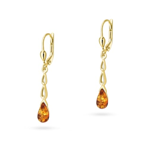 Damen-Ohrringe Sakrami Bernstein vergoldet in Tropfenform aus vergoldetem 925er Silber + Hartschale mit graviertem Namensschild – Geschenkidee für Weihnachten Konfirmation Geburtstag von Sakrami