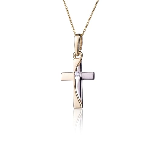Halskette aus 9KT Gold mit zweifarbigem Kruzifix und weißem Zirkon – Perfektes Geschenk für Kinder zur Kommunion, Firmung und Taufe mit personalisierbarer Geschenkbox – Schmuck mit religiösem Motiv von Sakrami
