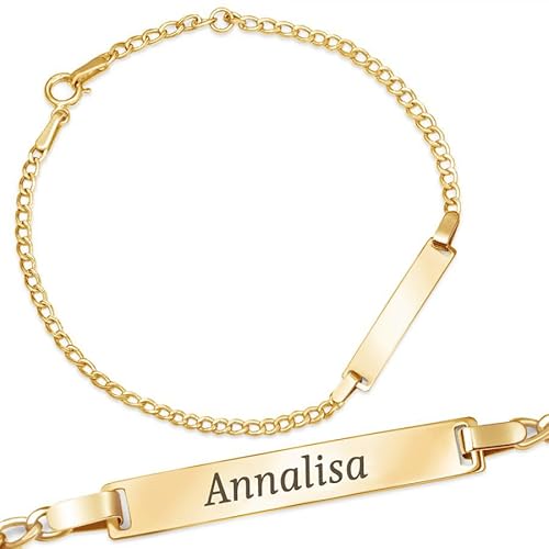 Sakrami 14 Kt Goldarmband mit personalisierten Namensschild für Kinder + Schmuckstück mit personalisierten Box + Geschenkidee für Mädchen, Geburt, Taufe und Kommunion besondere Anlässe + Geschenkbox von Sakrami