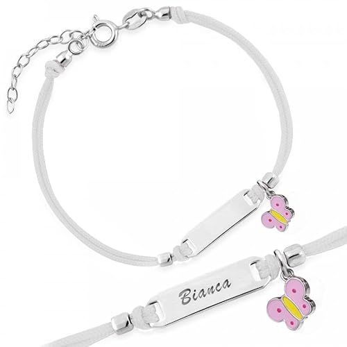 Sakrami Armband Silber 925 Mädchen Weiße Kordel Rosa Schmetterling Rote Plakette Kids Collection + Personalisierte Geschenkbox - Armband für Geburt Kommunion oder Taufe von Sakrami