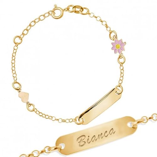 Sakrami Armband aus Silber 925 Babyplakette mit Blume und Herz + Personalisierte Geschenkbox - Armband für Geburt Kommunion oder Taufe von Sakrami
