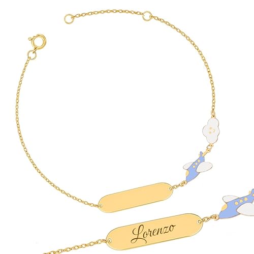Sakrami Armband für Kinder, 9 Karat Gold, mit blauem Flugzeug und Wolke – Gravurplatte + personalisierte Box – Geschenk zur Geburt, Taufe oder Geburtstag von Sakrami