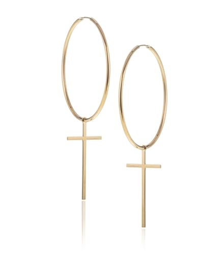 Sakrami Damen-Ohrringe Kreolen mit Kreuz aus 925er Silber, Farbe Gelbgold oder Rhodium, glänzendes und minimalistisches Design, inklusive Geschenkbox mit Gravur – Geschenkidee zur Taufe, Hochzeit, No von Sakrami