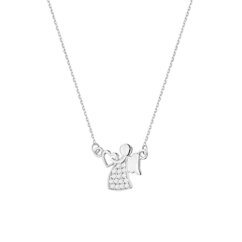 Sakrami Halskette Mädchen Damen Silber 925 rhodiniert mit Engel mit Herz und Zirkonia weiß + Box mit graviertem Namensschild - Geschenkidee Weihnachten Kommunion Konfirmation von Sakrami
