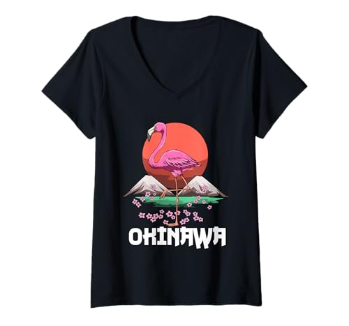 Damen Flamingo-Kirschblüte - Sakura Okinawa Japan T-Shirt mit V-Ausschnitt von Sakura Okinawa T-Shirt