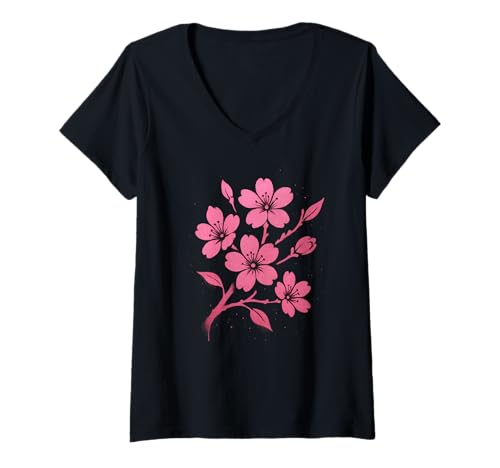 Damen Graffiti-Kirschblüten-Illustration T-Shirt mit V-Ausschnitt Damen Graffiti-Kirschblüten-Illustration T-Shirt mit V-Ausschnitt von Sakura Walls