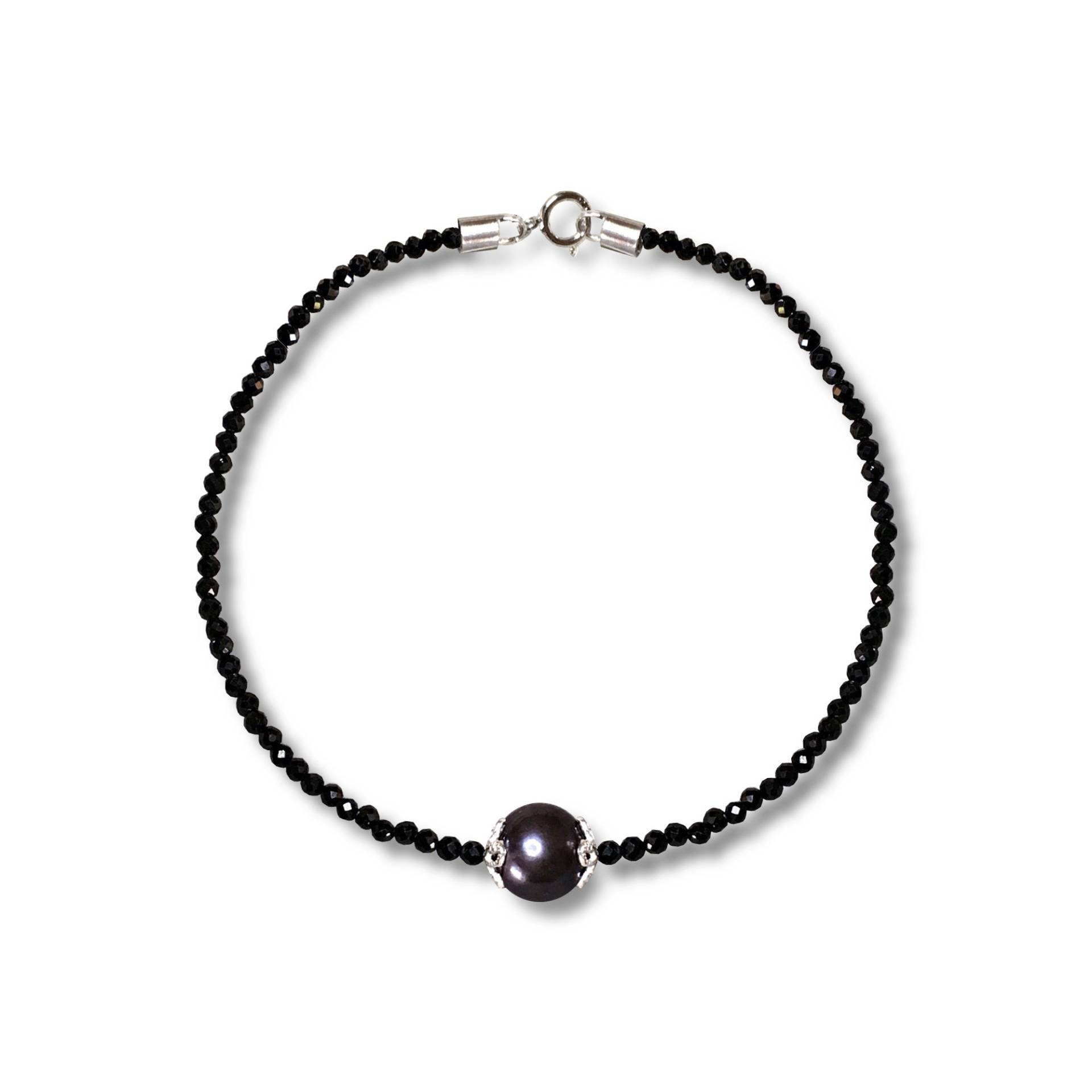 Zarte Schwarze Spinell Armband Mit Schwarzer Perle in Sterling Silber, Kleine Edelstein Dünne Stapeln Armband, Schmuck von SakuraPearlsAndGems