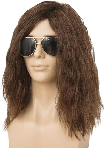 Braun Lockige Herren Perücke 70er 80er Jahre Lockige Seite Teil Synthetische Perücke Lange Flauschige Weiche Haar Tägliche Männliche Perücken von Salaibs