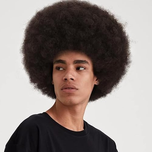 Salaibs Afro Braune Perücken für Männer 70er 80er Jahre Lockige Kurze Bouncy Fluffy Schwarze Männer Haarperücke Cosplay Rocker Disco Perücke von Salaibs