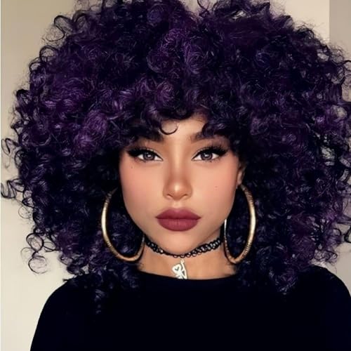 Salaibs Afro Lila Locken Perücke für Schwarze Frauen Kurze Kinky Gemischte Schwarze Flauschige Perücke Synthetisches Hitzebeständiges Haar für Halloween Täglichen Gebrauch von Salaibs