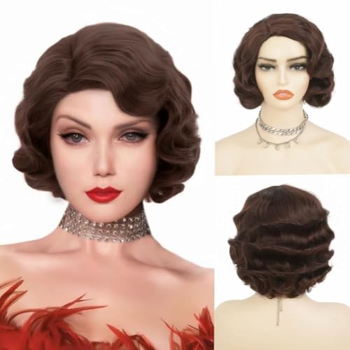 Salaibs Braun 1920er Jahre Perücke Damen Finger Wave Perücke Kurze Lockige Synthetische Faser 30er Jahre Disco Kostüm Haar Perücken für Cosplay Halloween Gebrauch von Salaibs