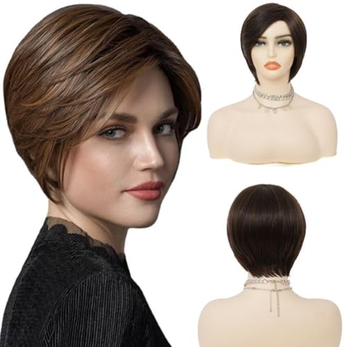 Salaibs Braun Kurze Perücken für Frauen Natürlich aussehende Seitenteil Volle Perücke Synthetische Dunkelbraune Haar Perücke für den täglichen Gebrauch von Salaibs