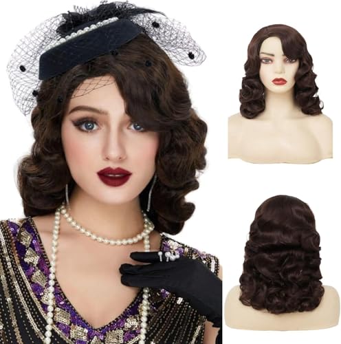 Salaibs Braun Lang Finger Wave Perücke Vintage Lockig Perücken für Damen Lady Synthetische Hitzebeständige Volle Perücken 1920er Jahre Cosplay Kostüm Perücke Salaibs Braun Lang Finger Wave Perücke Vintage Lockig Perücken für Damen Lady Synthetische Hitzebeständige Volle Perücken 1920er Jahre Cosplay Kostüm Perücke von Salaibs