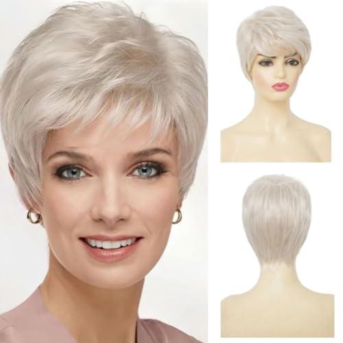 Salaibs Damen Blonde Kurze Perücke Pixie Cut Perücke mit Pony Natürliche synthetische Oma Haar Perücken für den täglichen Partygebrauch von Salaibs