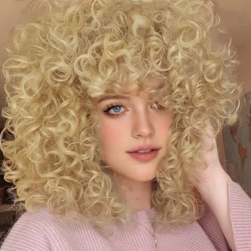 Salaibs Frauen Blonde Afro Perücke mit Bangs Kurze Lockige Kinky Perücke Fluffy Natürliche Synthetische Haar Perücken für Cosplay Kostüm Halloween Verwendung von Salaibs