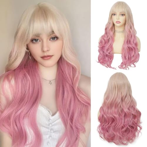 Salaibs Frauen Blonde bis Rosa Lockige Lange Perücke mit Bangs Wellige Welle Ombre Rosa 24 Zoll Haar Perücke Hitzebeständige Synthetische Faser Cosplay Perücken Salaibs Frauen Blonde bis Rosa Lockige Lange Perücke mit Bangs Wellige Welle Ombre Rosa 24 Zoll Haar Perücke Hitzebeständige Synthetische Faser Cosplay Perücken von Salaibs