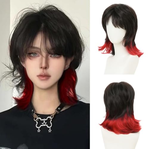 Salaibs Frauen Vokuhila Schwarz Peekaboo Rote Perücke mit Bangs Mullet Schulter Länge Shaggy Layered Perücken Goth Hitzebeständige Faser Haar Perücke für Punk Halloween Cosplay Verwendung von Salaibs