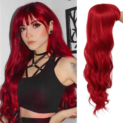 Salaibs Frauen Rot Lange Lockige Wellige Perücken mit Pony Synthetische Hitzebeständige Faser Haar Perücke für Cosplay Halloween Gebrauch von Salaibs