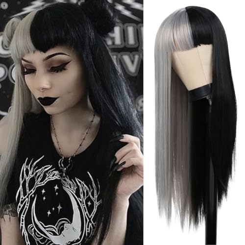 Salaibs Halb Grau Halb Schwarz Lange Perücken für Frauen Gerade Goth Haar Perücke mit Bangs Hitzebeständige Faser Cosplay Halloween Perücke Salaibs Halb Grau Halb Schwarz Lange Perücken für Frauen Gerade Goth Haar Perücke mit Bangs Hitzebeständige Faser Cosplay Halloween Perücke von Salaibs