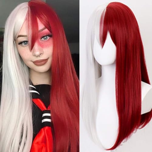 Salaibs Halb Rot Halb Weiß Lange Gerade Perücke mit Bangs Damen Anime Cosplay Synthetische Haar Perücken für Halloween Kostüm Verwendung von Salaibs