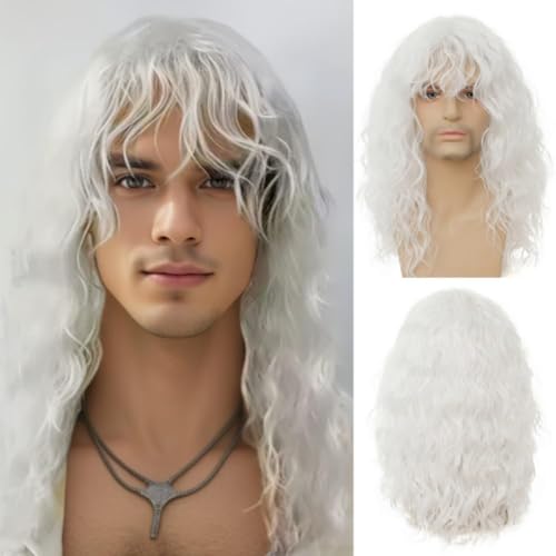 Salaibs Weiß Herren Lange Lockige Perücke mit Pony 70er Jahre 80er Jahre Kinky Lockige Rocker Flauschige Haar Perücken Punk Schwere Perfekte Kunstfaserperücke für Cosplay Halloween Gebrauch von Salaibs