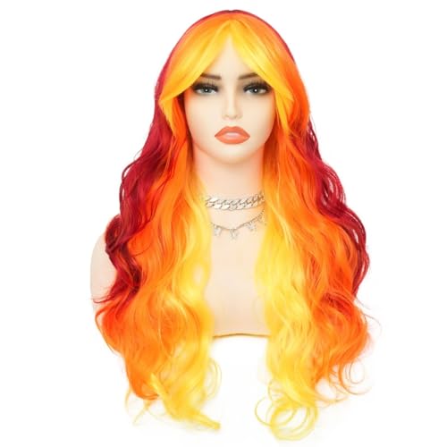 Salaibs Orange Gelb Rot Lange Lockig Wellige Perücke für Damen Synthetische Anime Cosplay Halloween Kostüm Haar Perücke (Orange Gelb Rot) von Salaibs