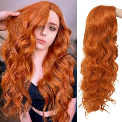 Salaibs Orange Lange Lockige Wellige Perücken für Frauen Mittelteil Kupfer Rote Haar Perücke Synthetische Hitzebeständige Faserperücke für Cosplay Halloween Gebrauch von Salaibs