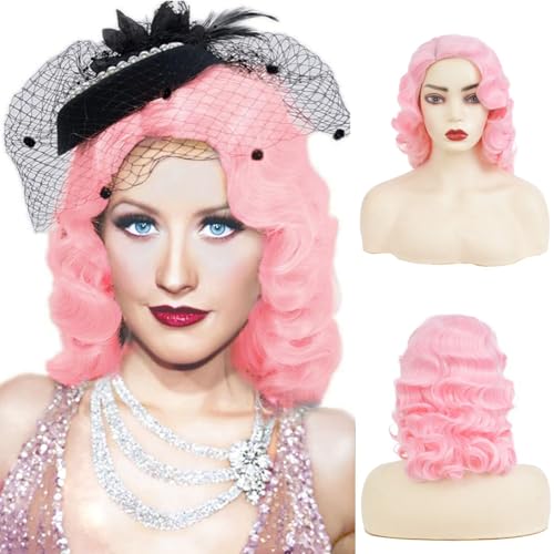 Salaibs Rosa Finger Wave Perücke 1920er Jahre Pink Lockige Lange Perücke Vintage Perücken für Damen Lady Synthetische Hitzebeständige Volle Perücken Cosplay Kostüm Perücke von Salaibs