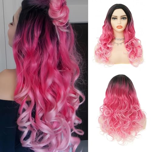 Salaibs Schwarz Rosa Lange Lockige Perücken für Damen Mittlerer Teil Wellige Cosplay Perücke Dunkle Wurzeln Synthetische Natürlich Aussehende Haarperücken für Halloween Kostüm Party Verwendung von Salaibs