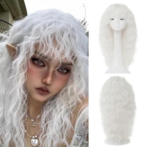 Salaibs Weiße Lockige Lange Perücke für Frauen mit Bangs Fluffy Synthetische Natürliche Wellige Halloween Cosplay Haar Perücken von Salaibs