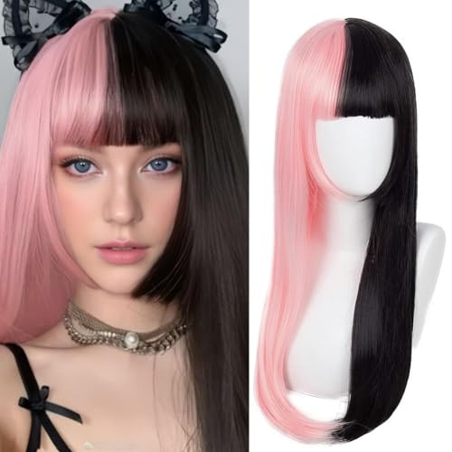 Salaibs Rosa und Schwarz Gerade Perücken für Frauen Lange Anime Sythetic Haar Perücke mit Bangs Hitzebeständige Faser Cosplay Halloween Perücke von Salaibs