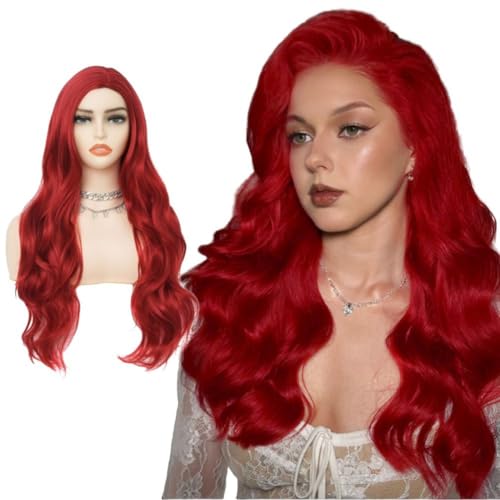 Salaibs Rot Lang Lockige Perücken für Frauen Wellige Seite Teil Natürliche Synthetische Halloween Welle Perücke für Cosplay Kostüm Haar Perücke von Salaibs