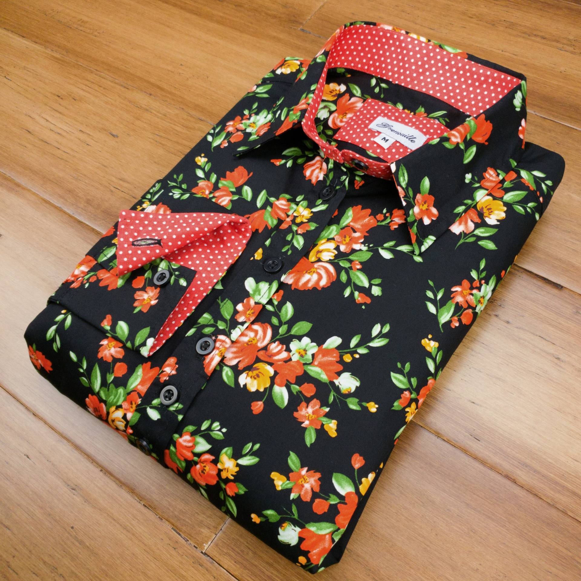 Grenouille Damen Langarm Bluse Schwarz Mit Rot Und Gelbem Blumen Motiv | Signature Shirts Muttertag/Geburtstagsgeschenk von SalamanderShirts