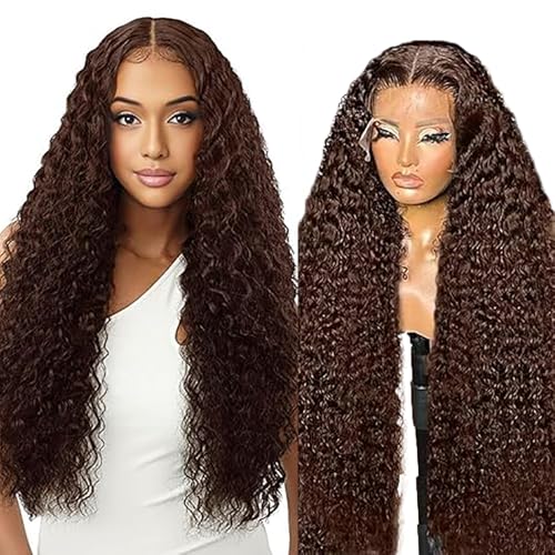 Salharer Echthaar Perücke für Damen Perücken Deep Wave Human Hair Wig 13x1 Lace Front Wig Perücken Echthaar mit Babyhaar T Part Chocolate Brown Color 24 Inch von Salharer