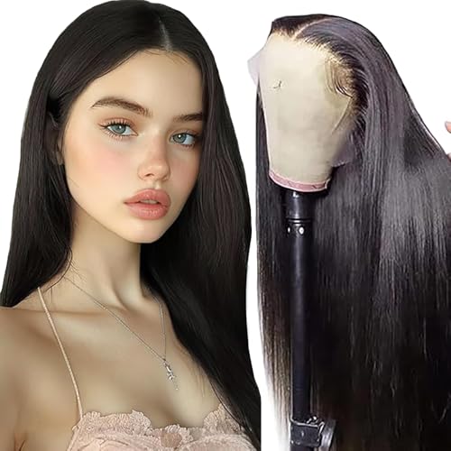 Salharer Echthaar Perücke für Damen Perücken Straight Human Hair Wig 13x6 Lace Front Wig Perücken Echthaar mit Babyhaar Any Part #1B Natural Black Color 30 Inch von Salharer