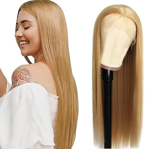 Salharer Echthaar Perücke für Damen Perücken Straight Human Hair Wig 13x6 Lace Front Wig Perücken Echthaar mit Babyhaar Any Part #27 Honey Blonde Color 14 Inch von Salharer